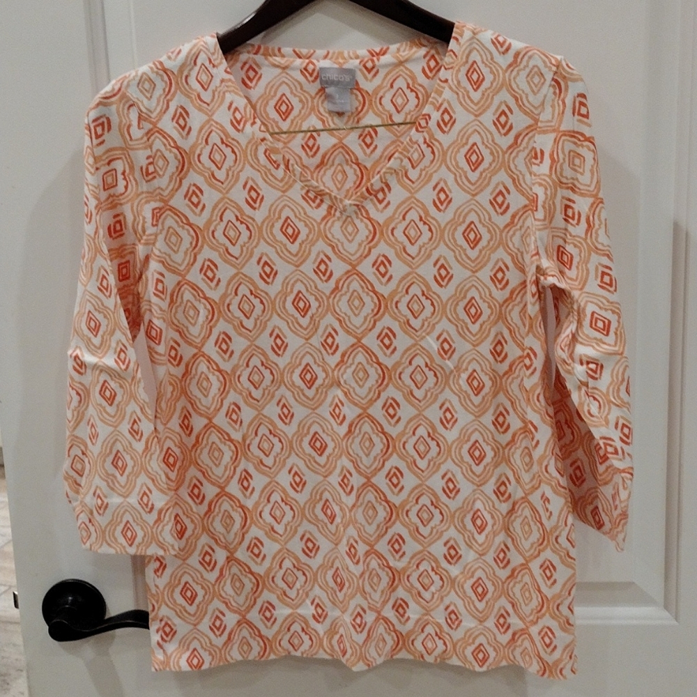 Chico's Pima Cotton 3/4 Sleeves Top Size 1 Orange tones and White Print